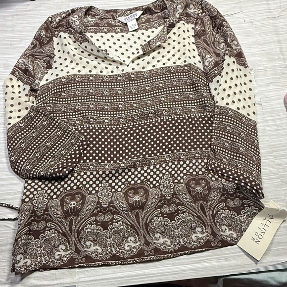 Allison Taylor Tops - Allison Taylor Womens Large Brown Paisley Polka Dot Mixed Print Blouse NWT